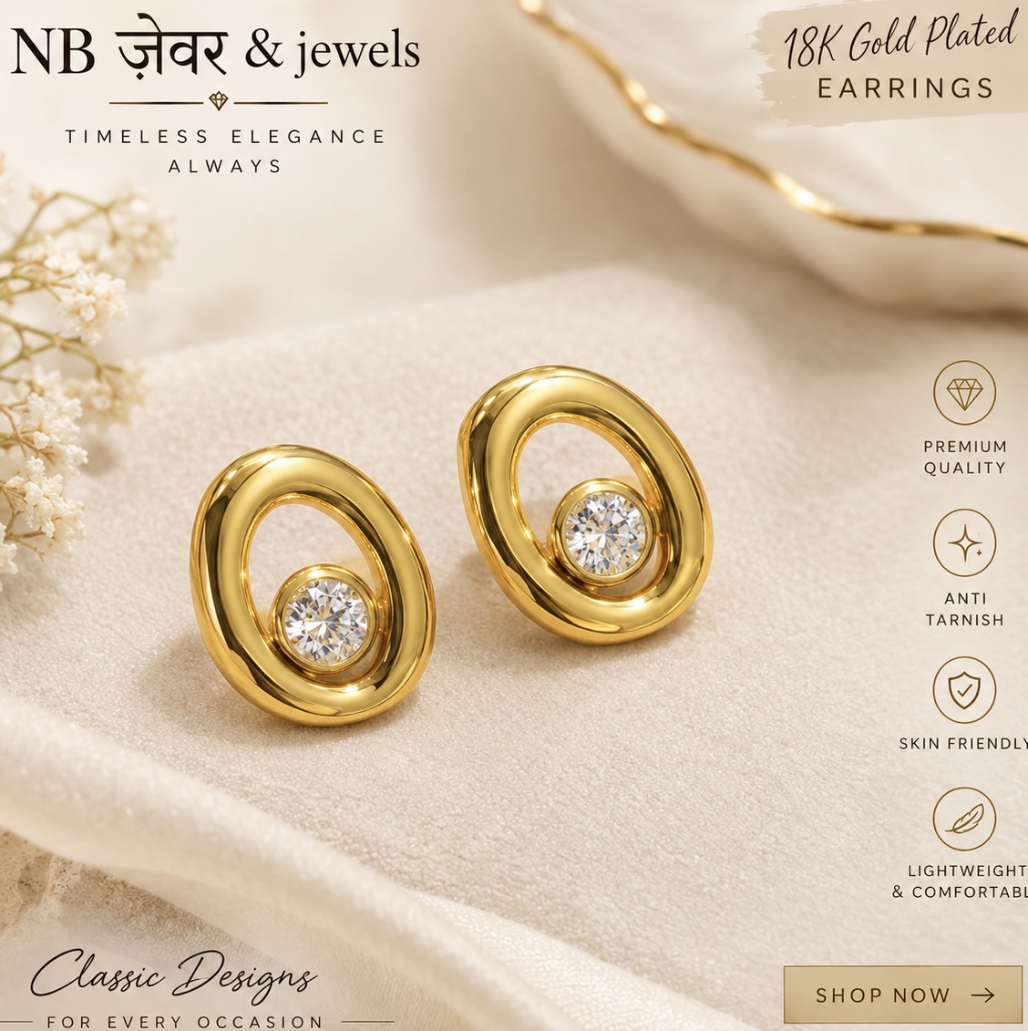 Golden shine with white stone earrings 