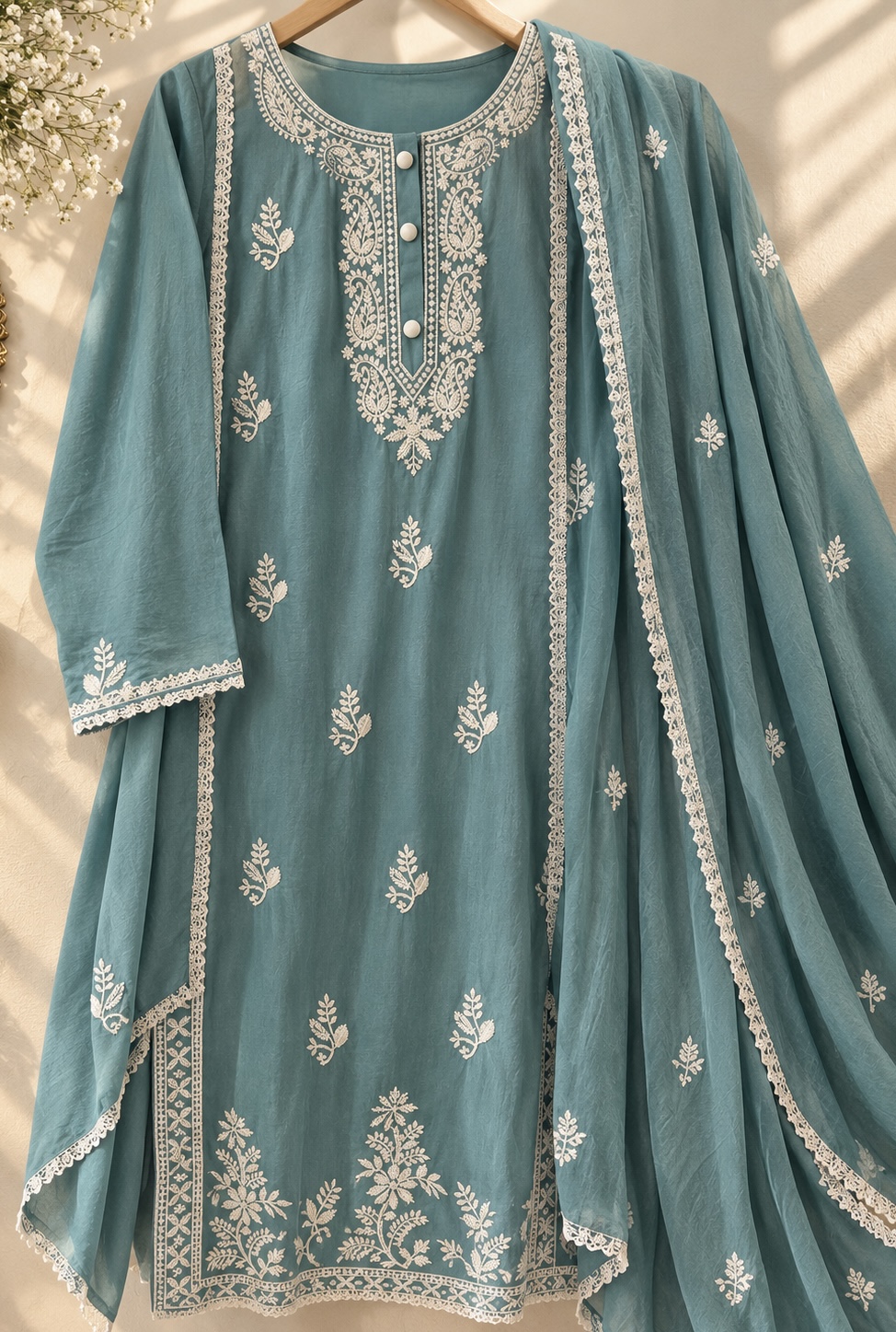 ZETHRA sky blue thread work cotton suit 